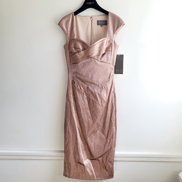 New Theia Cap-Sleeve Stretch Lamé Metallic Dusty Rose Cocktail Midi Dress NWT  2 - Picture 8 of 15